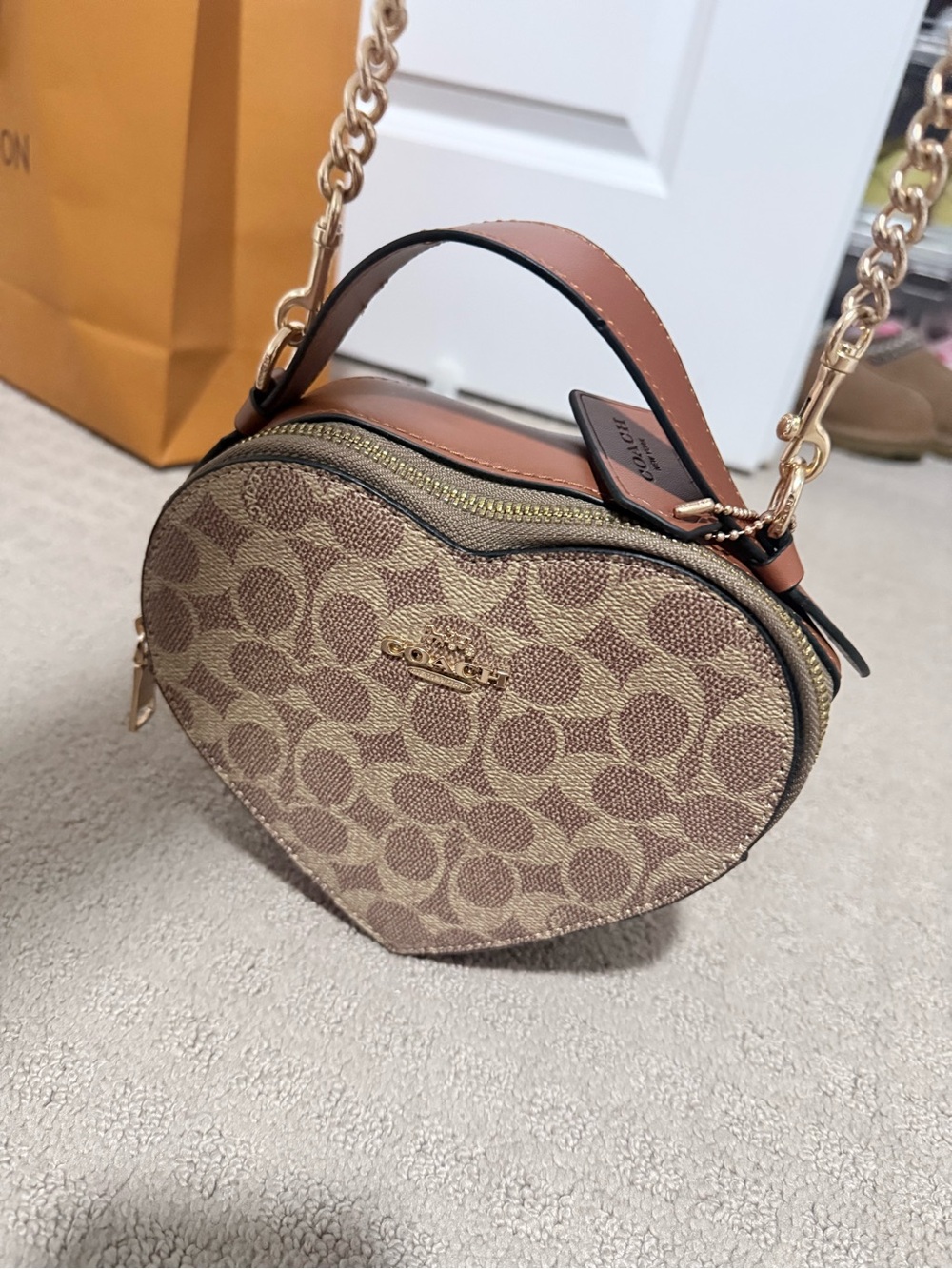 Coach Heart-Shaped Crossbody in Signature Brown and Tan with Gold Hardware